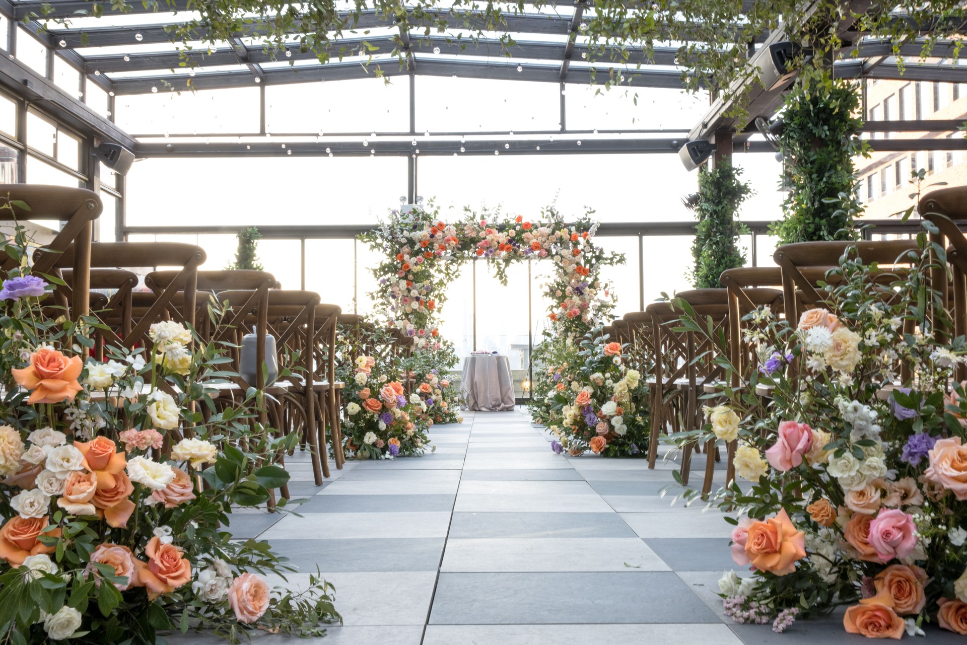 Flowers Ceremony Design Arrangements Roses Candles Light Cake Beautiful Events Event Reception Flower Floral Bride Silverware Plates Table Wedding Marriage Couple Engagement Sunflower Centerpiece Arch Bokeh Chairs Plants Garden Nature Lights Bouquet
